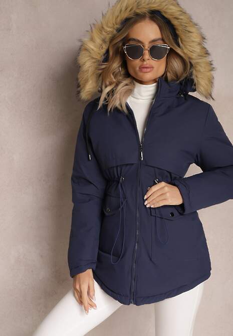 Granatowa Kurtka Parka z Odpinanym Kapturem i Futerkiem Veazee