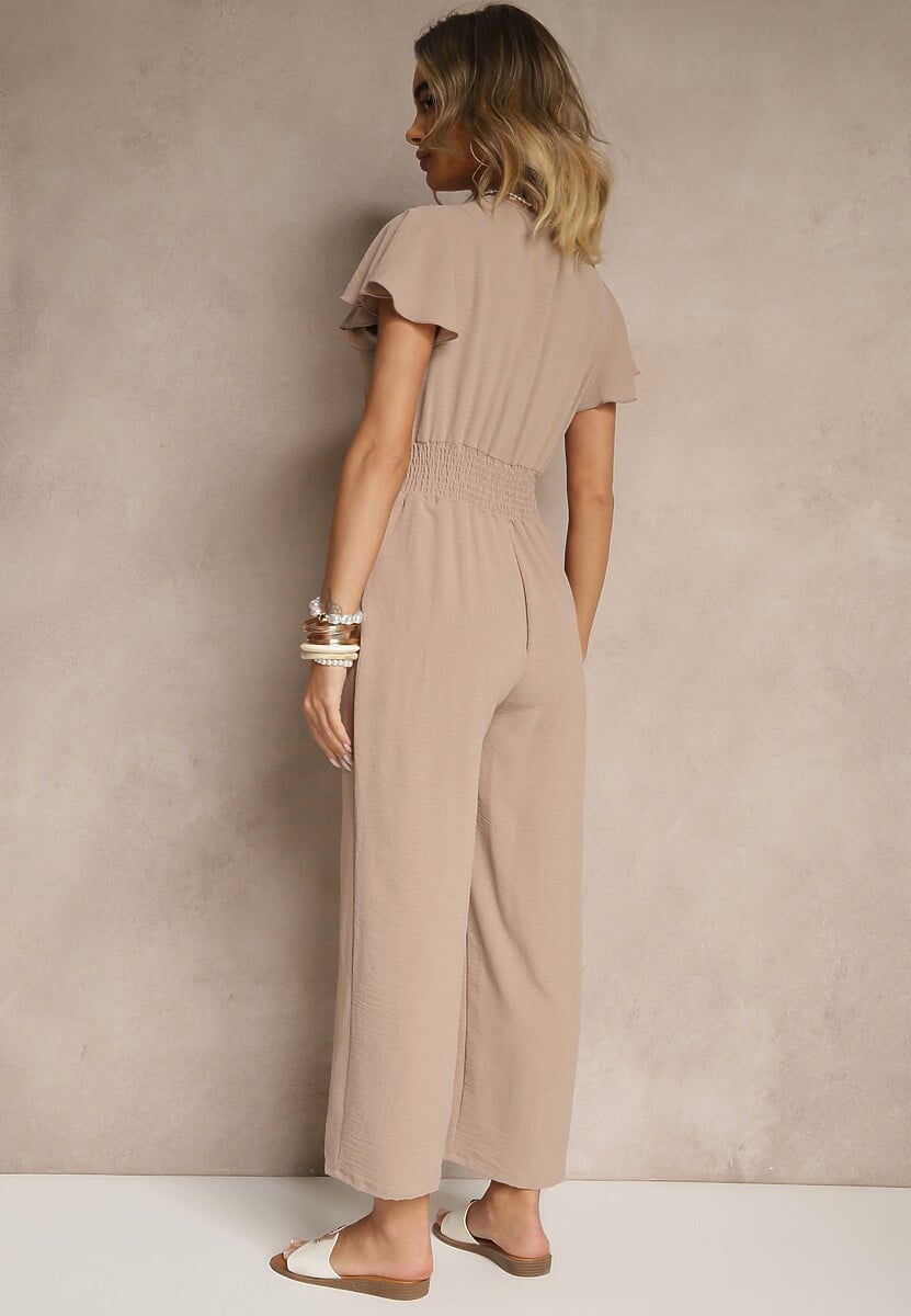 Beżowy Kombinezon o Kopertowym Kroju z Gumką w Talii Martalia