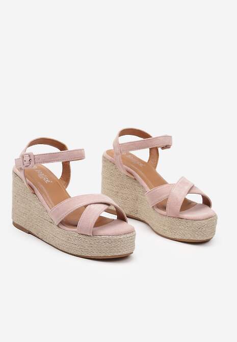 Różowe Sandały na Plecionym Koturnie Zapinane na Sprzączkę Wokół Kostki Caldoni