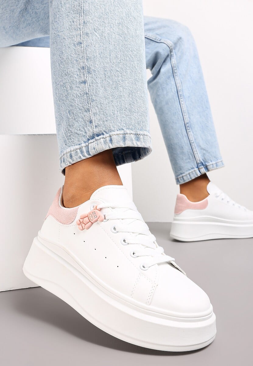 Biało-Różowe Sneakersy przed Kostkę na Platformie Phani