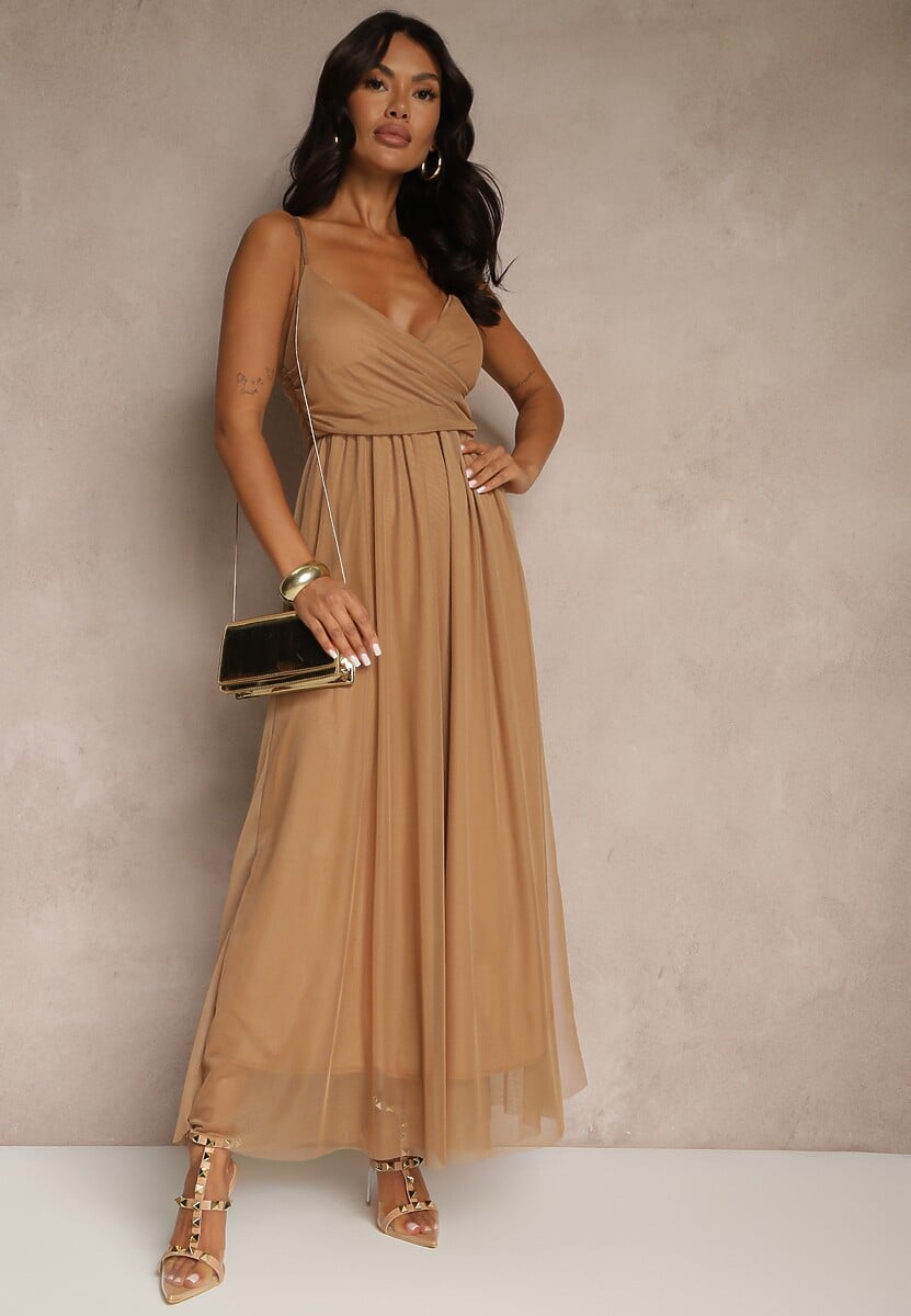 Ciemnobeżowa Sukienka Koktajlowa Ozdobiona Tiulowym Materiałem Deviora