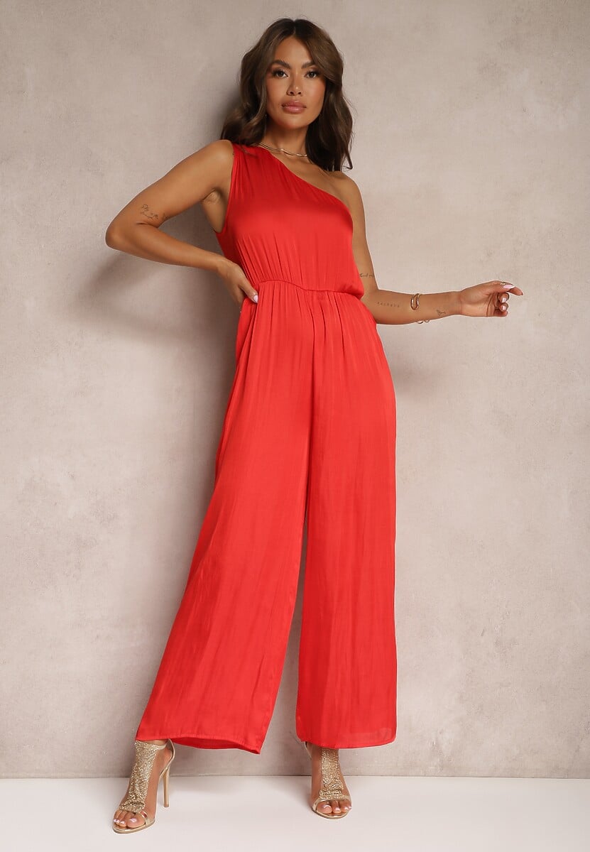 Czerwony Koktajlowy Kombinezon na Jedno Ramię z Szerokimi Nogawkami i Gumką w Talii Vimalitas