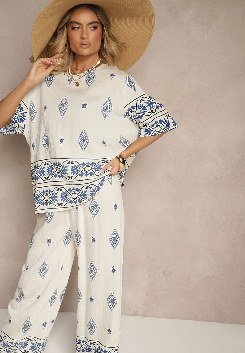 Beżowo-Ciemnozielony Komplet z Wiskozy w Etniczny Wzór Szerokie Spodnie i T-shirt Sarivianne