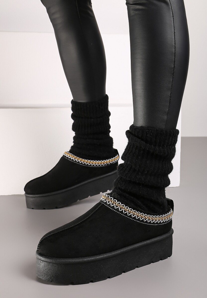 Czarne Śniegowce z Haftowanym Paseczkiem na Platformie Iridalia