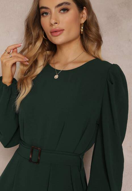 Ciemnozielona Sukienka Pudełkowa z Falbanką Leffo