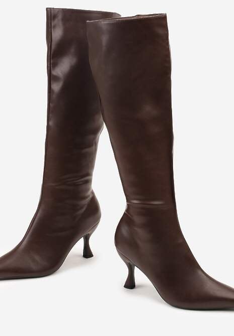 Ciemnobrązowe Marszczone Kozaki Vices na Obcasie Typu Kaczuszka Miomadia