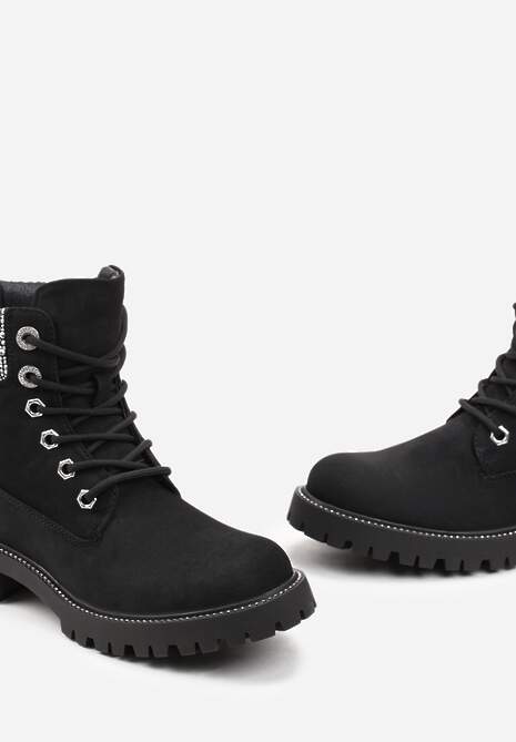 Czarne Botki Traperki na Płaskiej Podeszwie z Przeszyciami i Cyrkoniami Flurella