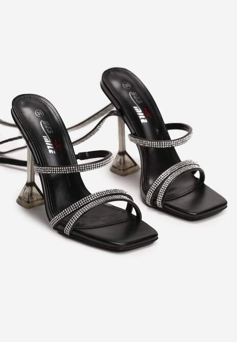 Czarne Sandały na Transparentnej Szpilce z Kwadratowym Noskiem i Paskami w Cyrkonie Couria