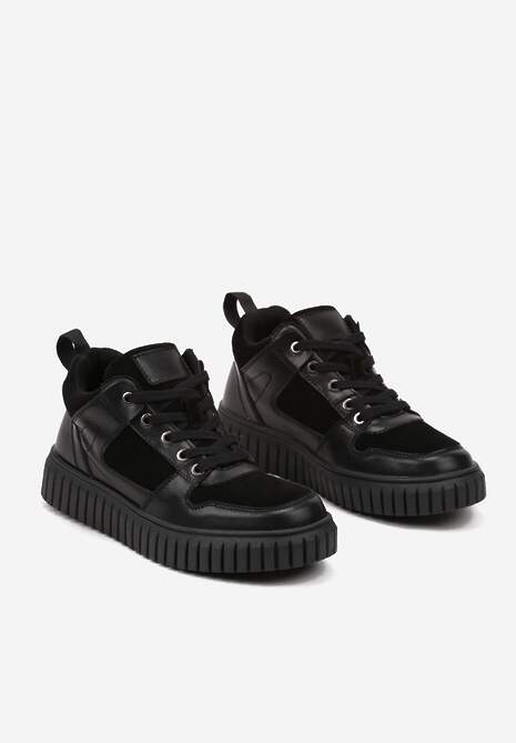 Czarne Sneakersy ze Skóry Naturalnej na Platformie Ozdobionej Tłoczeniem Erithna
