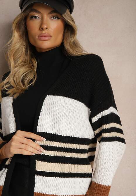 Biało-Brązowy Kardigan z Dodatkiem Wiskozy w Paski z Kieszeniami Lerille