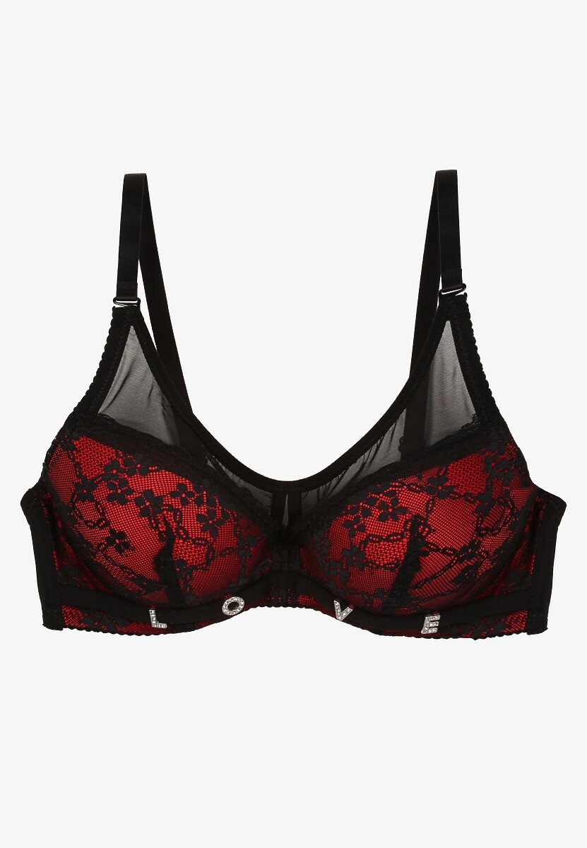 Czarno-Czerwony Koronkowy Biustonosz z Odpinanymi Ramiączkami Revalora