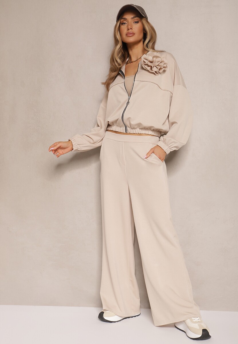 Ciemnobeżowy Komplet Dresowy z Wiskozą Spodnie o Szerokim Kroju i Bluza z Broszką Redaella
