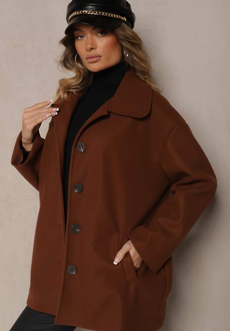 Brązowy Jednorzędowy Płaszcz Dyplomatka z Kieszeniami Morenama
