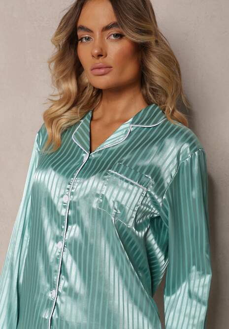 Miętowy Komplet Piżamowy Góra o Koszulowym Kroju z Guzikami Spodnie z Gumką w Talii Rivanias