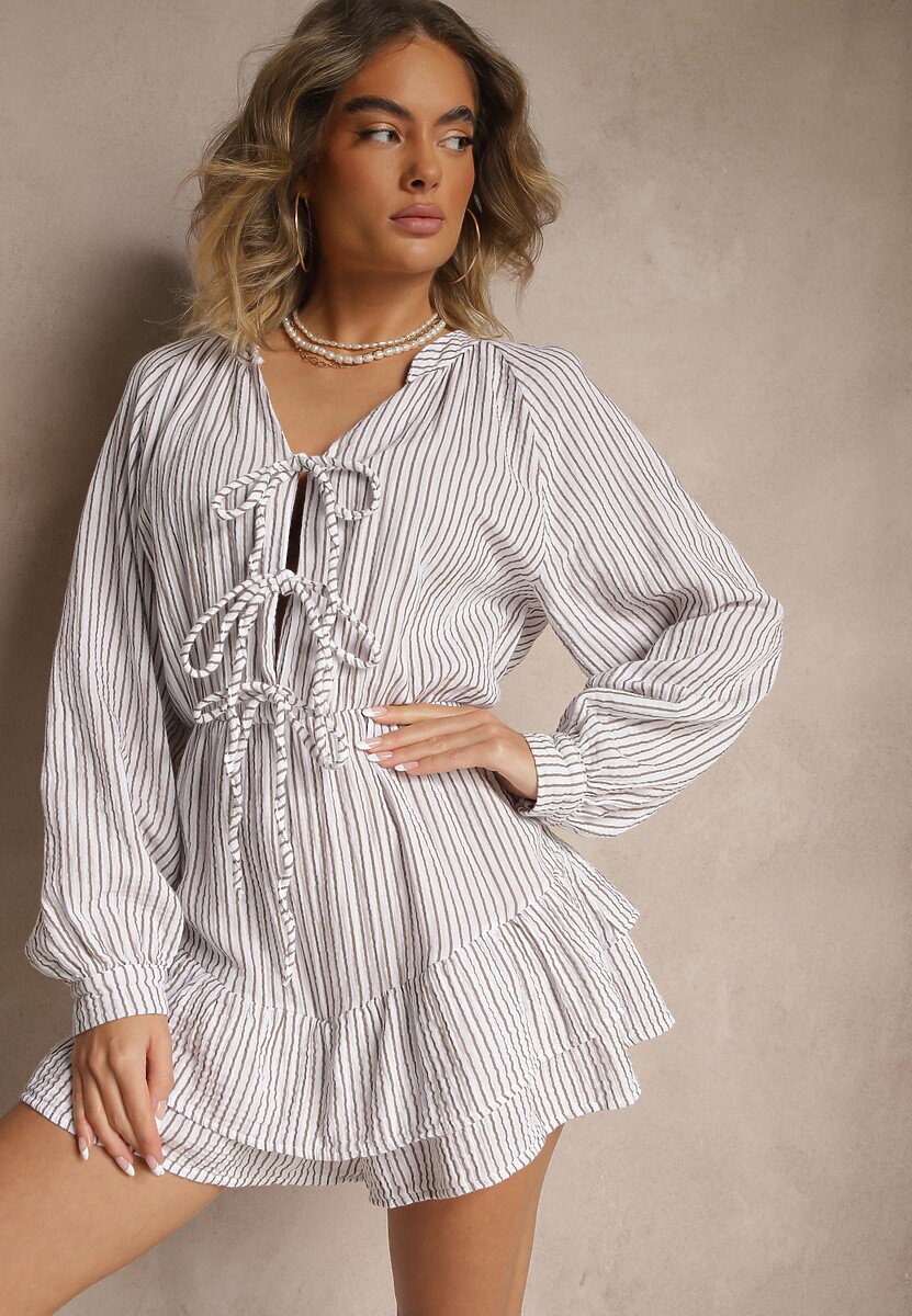 Niebieski Kombinezon w Cienkie Paski z Wiązaniem z Bawełny Ovivelle