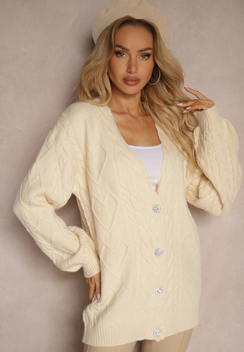 Jasnobeżowy Kardigan Tłoczony z Dodatkiem Wiskozy Zapinany na Ozdobne Guziki Irithina