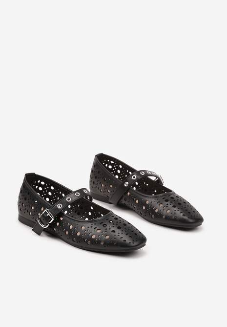 Czarne Ażurowe Balerinki z Rockowym Paskiem z Klamerką Ilionra