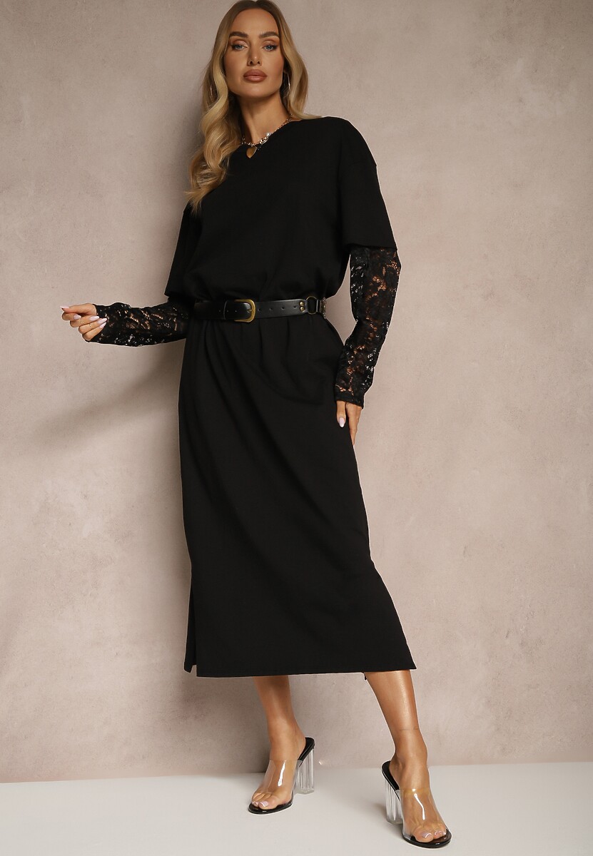 Czarna Sukienka z Bawełny o Kroju Typu T-shirt z Koronką i Rozcięciami Tanisla