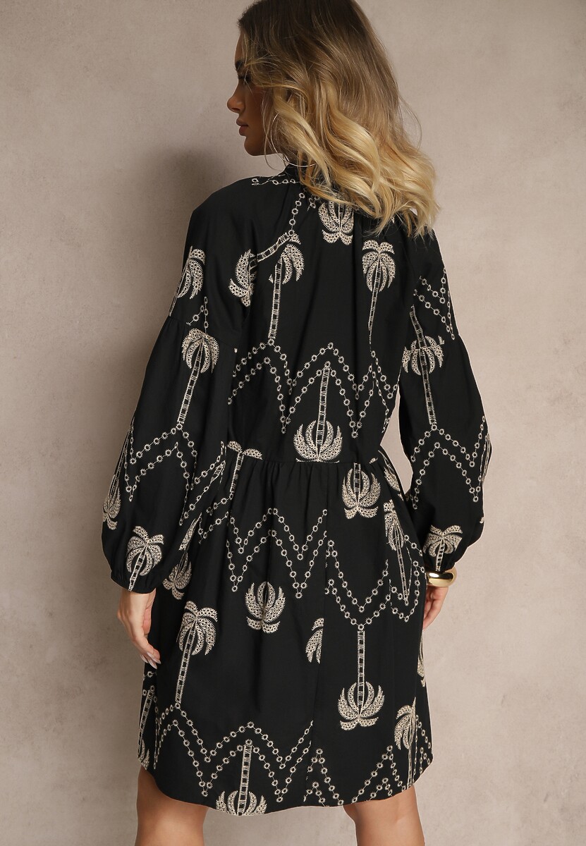 Czarna Bawełniana Sukienka Ozdobiona Palmowym Haftem Sarlio