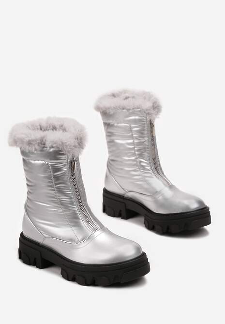 Srebrne Śniegowce z Lakierowanej Ekoskóry z Suwakiem i Futerkiem Cyrena
