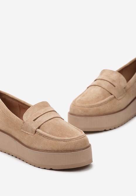 Ciemnobeżowe Półbuty w Stylu Mokasynów z Imitacji Zamszu na Platformie Vhisper