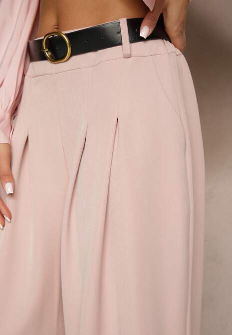 Różowe Eleganckie Szerokie Spodnie Garniturowe z Wiskozą Ozdobione Paskiem Ravinae