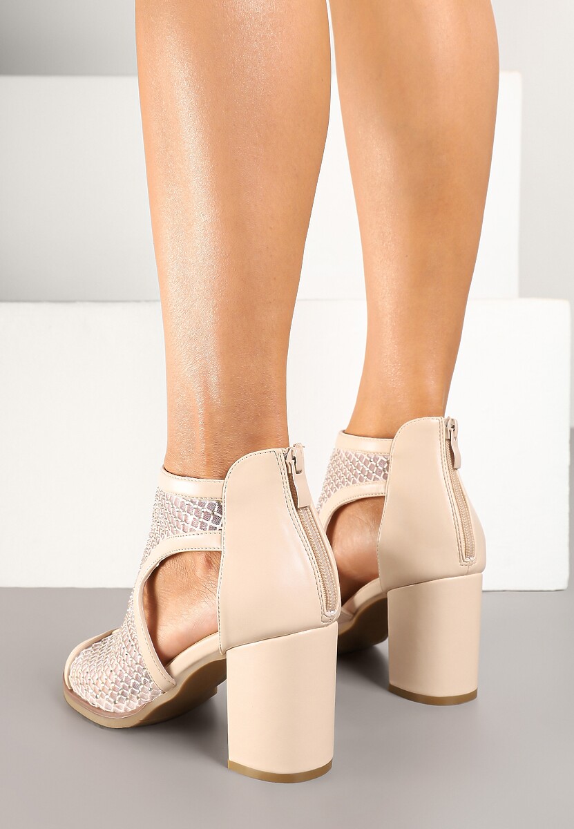 Beżowe Siateczkowe Sandały Stylizowane na Botki na Obcasie z Cyrkoniami Senarila