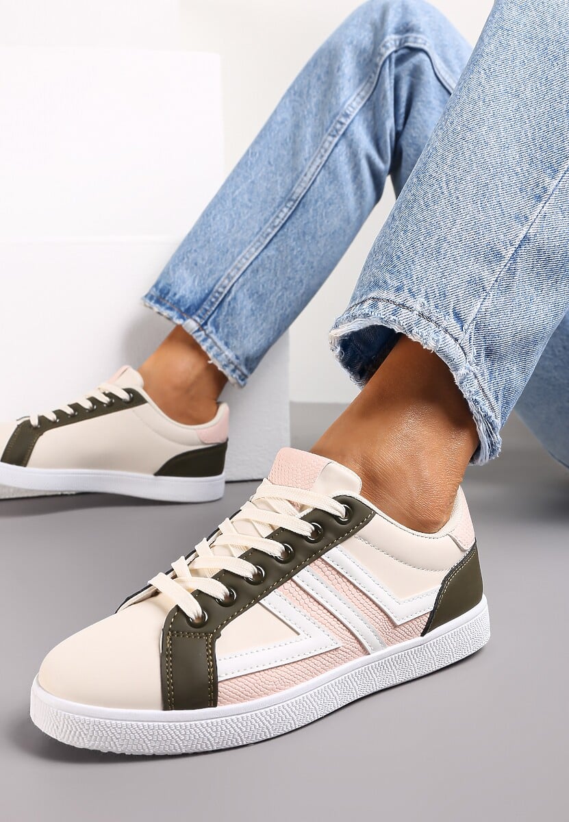 Beżowo-Zielone Sneakersy z Wstawkami Lerlet
