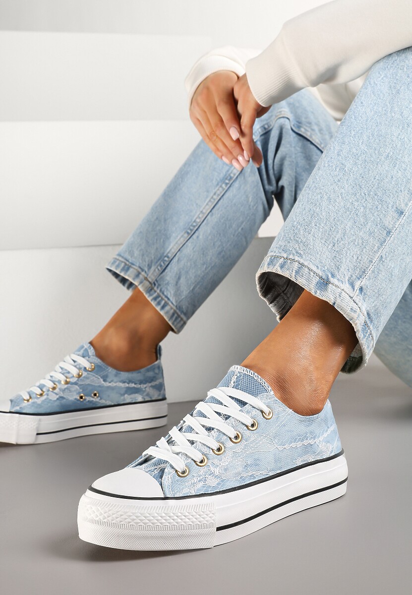 Niebieskie Trampki przed Kostkę na Platformie Zdobione Koronką Goniviel