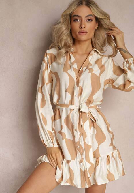Beżowa Koszulowa Sukienka Mini z Ozdobnym Nadrukiem i Falbanką Virlena