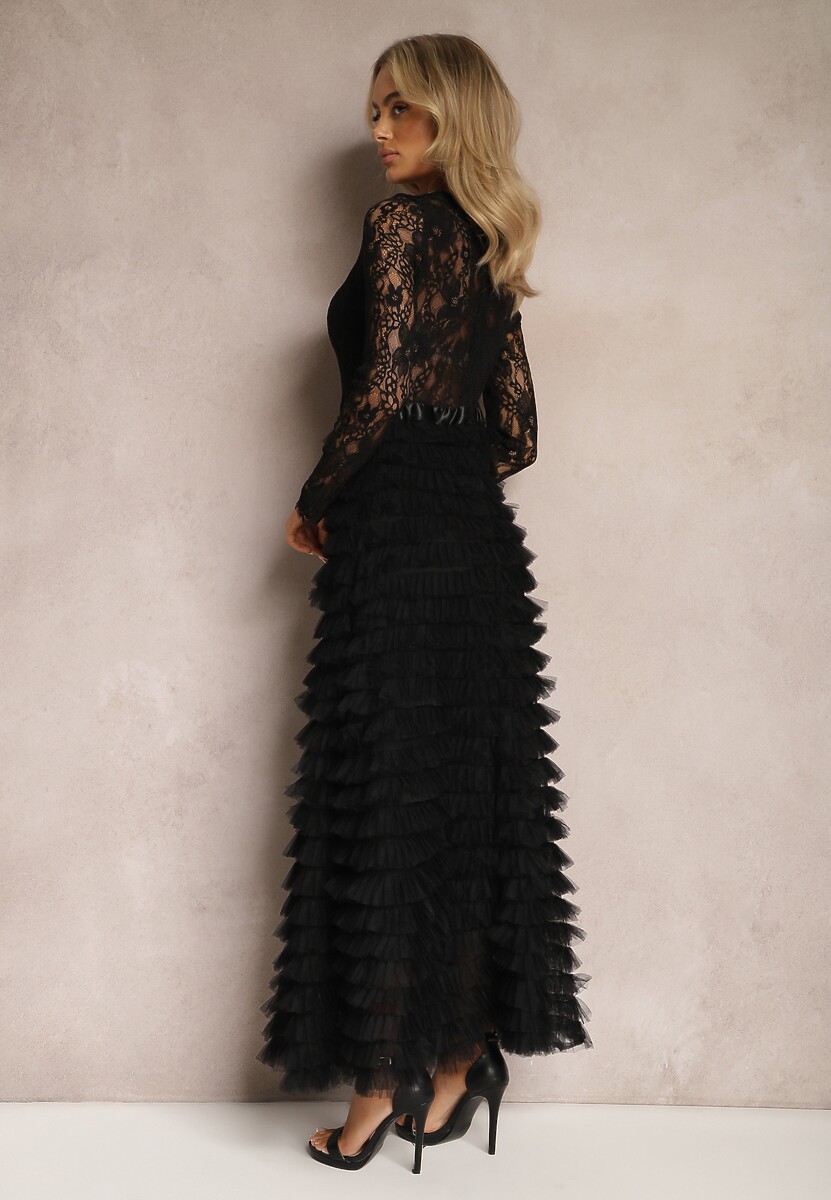 Czarna Koronkowa Sukienka Maxi o Rozkloszowanym Kroju z Tiulowymi Falbankami Sivina