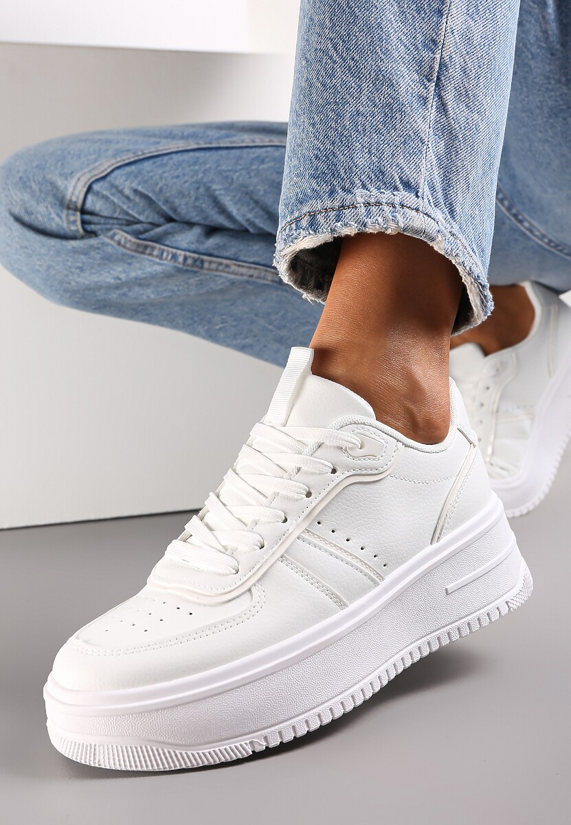 Białe Sznurowane Sneakersy na Grubej Podeszwie Salsabil