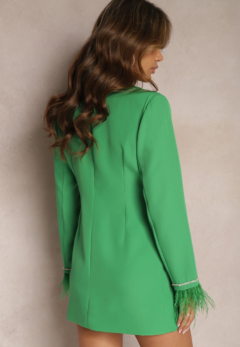 Zielona Taliowana Sukienka Mini Marynarka z Piórkami i Cyrkoniami Cammano