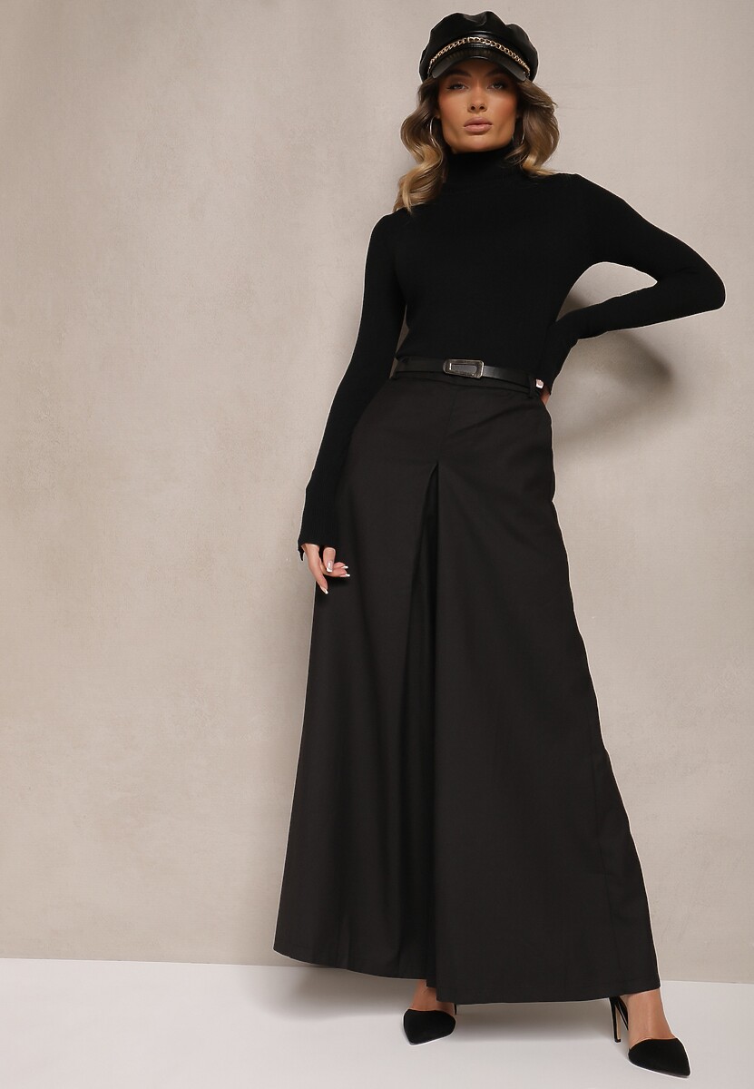 Czarne Spodnie Culottes z Paskiem i Szerokimi Nogawkami Imitującymi Spódnicę Aimleda