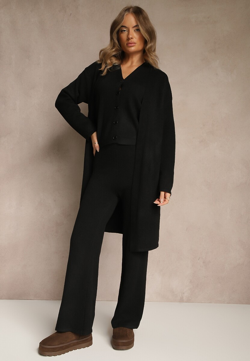 Szary Komplet z Dzianiny z Wełną Długi Kardigan Spodnie i Kamizelka Otizane