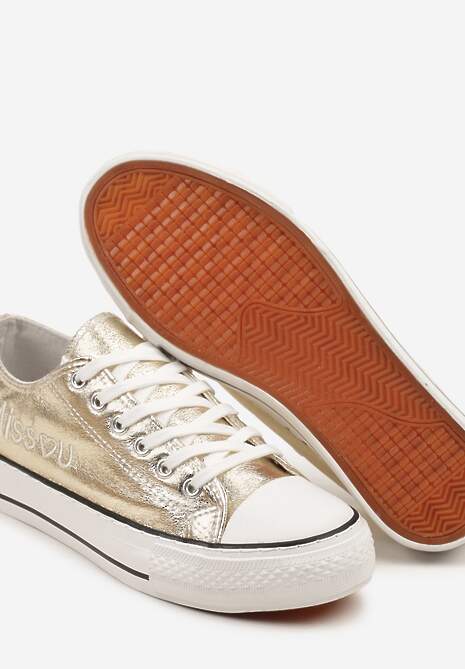 Złote Brokatowe Trampki z Napisem i Niską Cholewką Borlevi