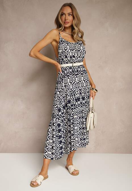 Granatowa Bawełniana Sukienka w Geometryczny Wzór Koloniela