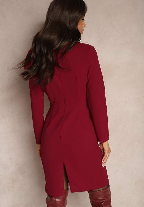 Bordowa Koktajlowa Sukienka o Dopasowanym Kroju z Kokardą na Ramieniu Innathia