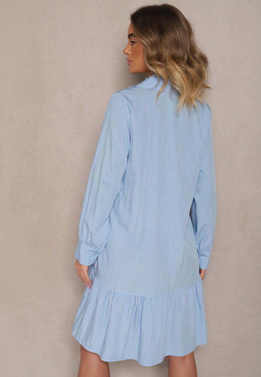 Niebieska Koszulowa Sukienka z Wiskozą Zakończona Falbanką Tirzedi