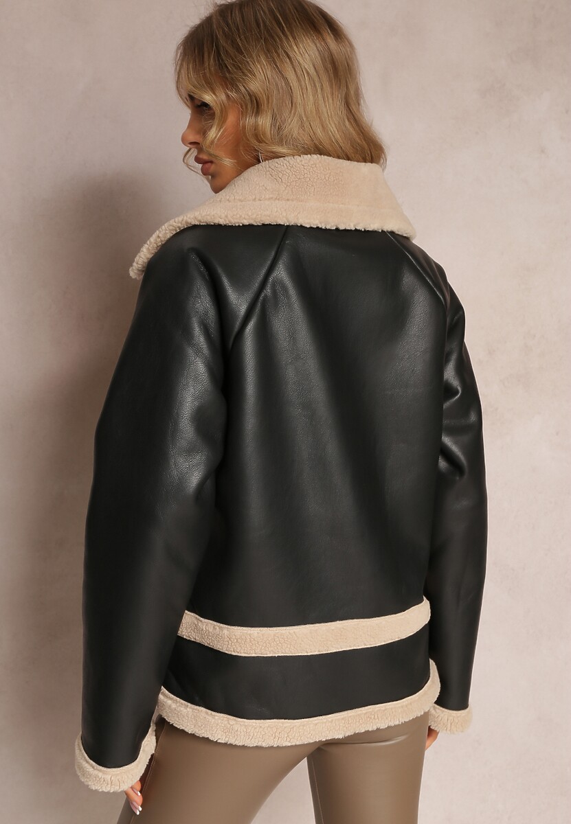 Czarna Kurtka Biker z Imitacji Skóry i Kożuszkiem Nilos
