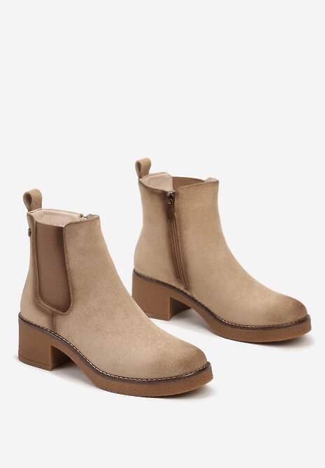 Beżowe Botki Typu Sztyblety z Ekozamszu na Obcasie Ellavia