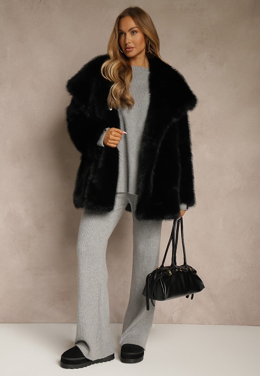 Ciemnoszary Komplet z Wełną i Bawełną Sweter z Guzikami i Szerokie Spodnie Reinelia