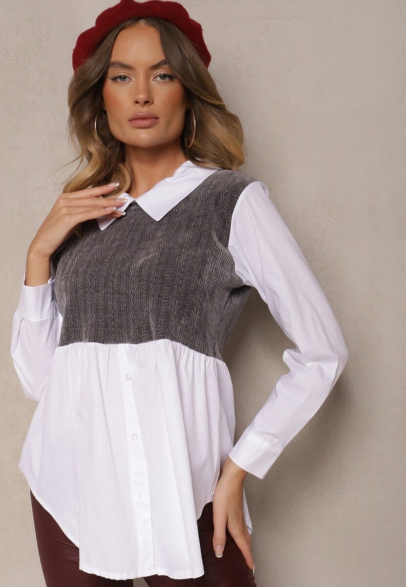 Biało-Czarna Bluzka z Bawełną o Koszulowym Kroju Połączona z Dzianinową Kamizelką Etavielis