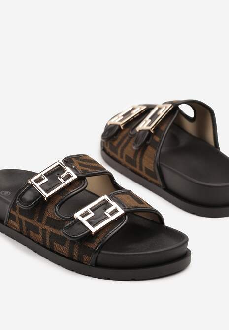 Brązowo-Czarne Klasyczne Klapki z Paskami ze Sprzączkami Redenelle