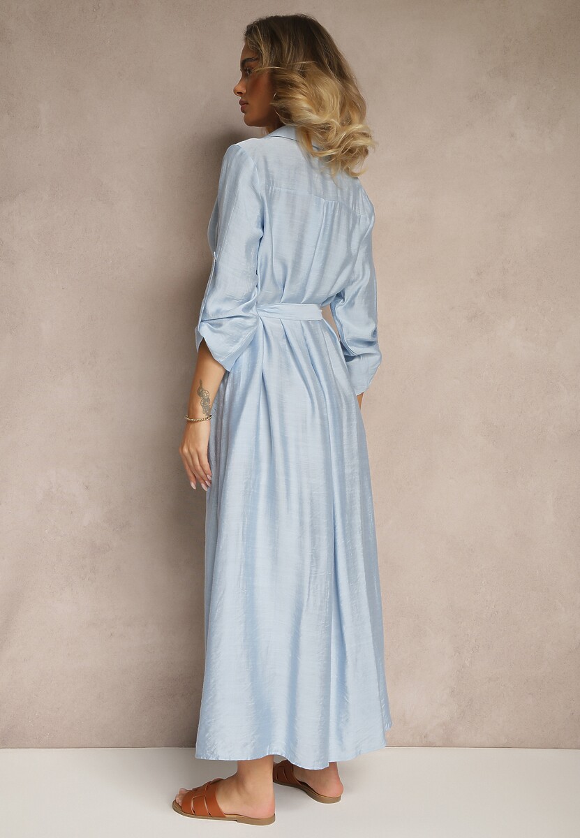 Niebieska Sukienka Koszulowa z Wiskozą Ozdobiona Paskiem Cleonira