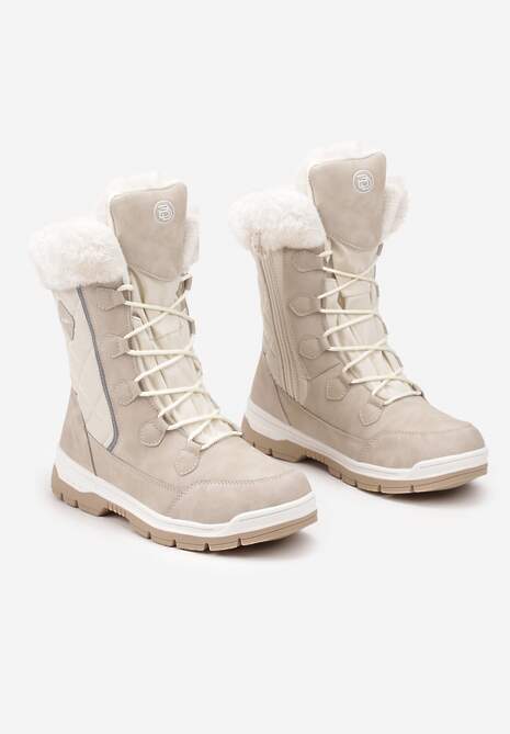 Beżowe Śniegowce z Pikowanym Przeszyciem i Futerkiem na Grubej Podeszwie Amartina