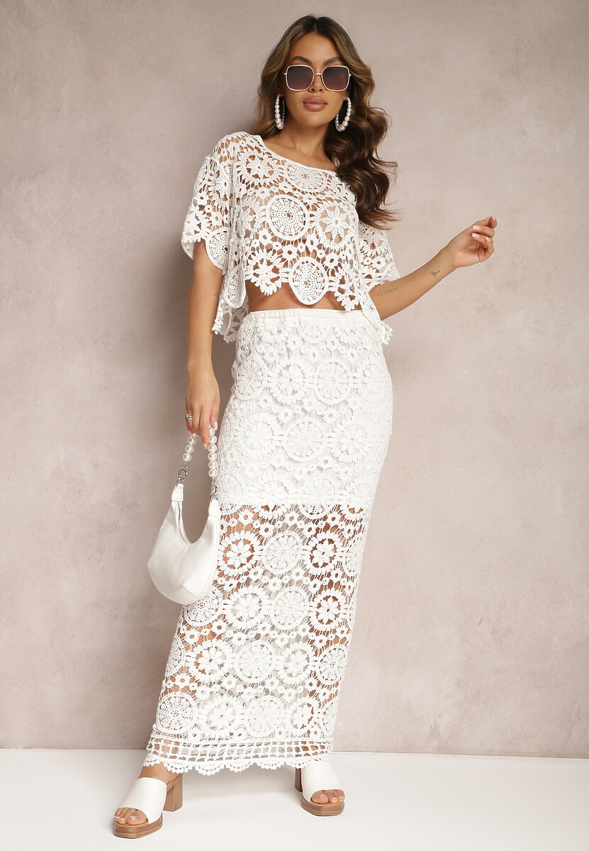 Biały Bawełniany Komplet Boho z Ażurowymi Wycięciami Spódnica Maxi i Bluzka Belrina