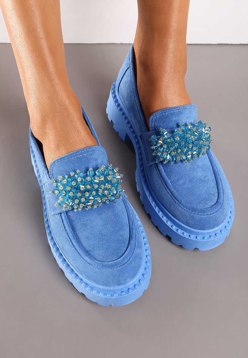 Niebieskie Mokasyny z Aplikacją z Biżuteryjnych Koralików Viatalia