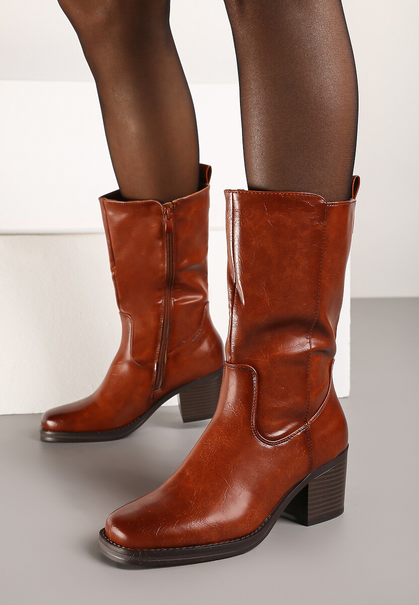 Brązowe Casualowe Botki Sztyblety na Słupku Teralita