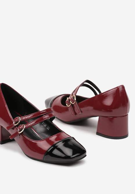 Bordowe Lakierowane Czółenka na Obcasie z Kwadratowym Noskiem i Podwójnym Paskiem Rearielith